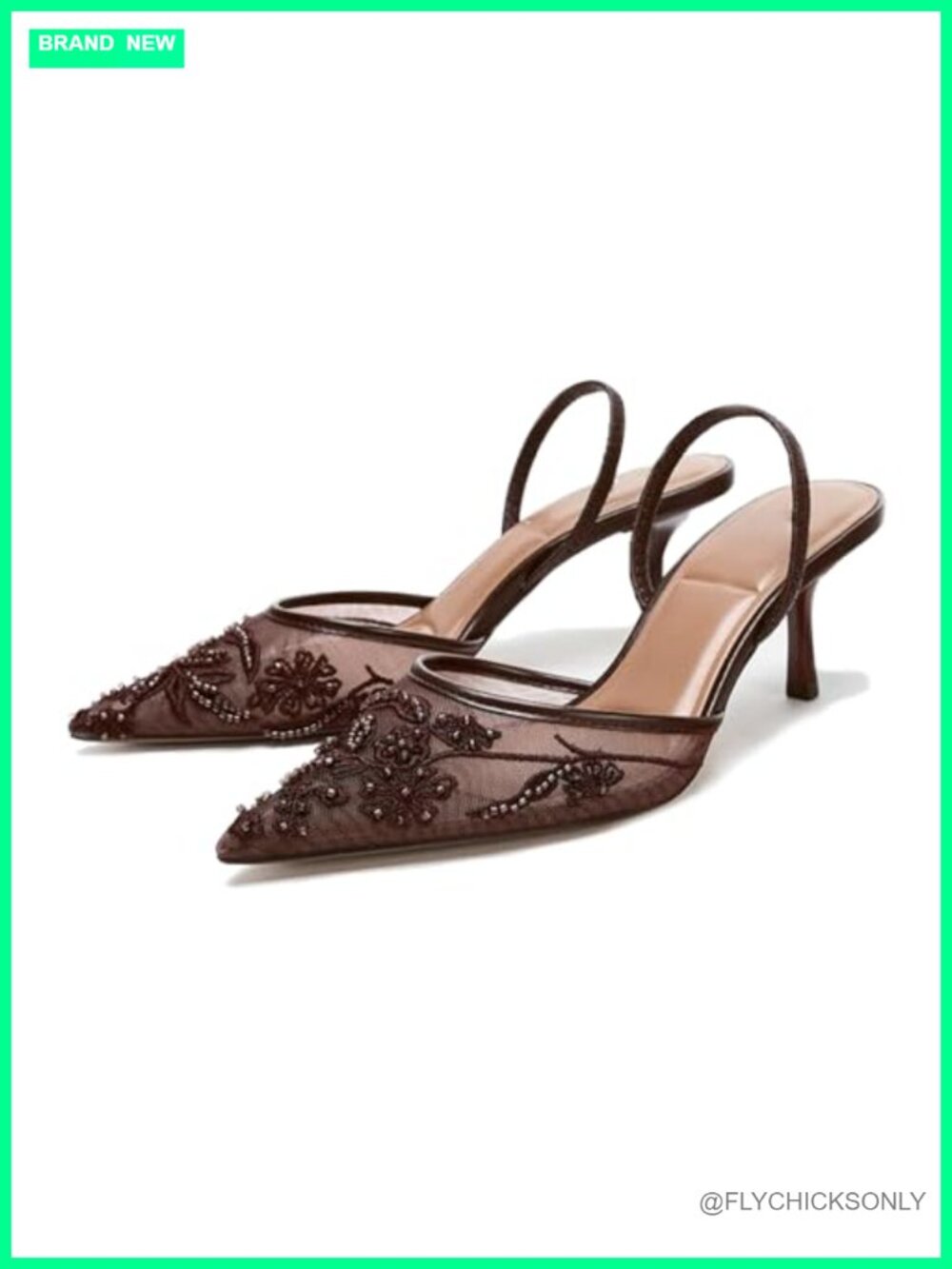 Mesh Embroidered Slingback Kitten Heels Beaded Pointed Toe Bridal Pumps